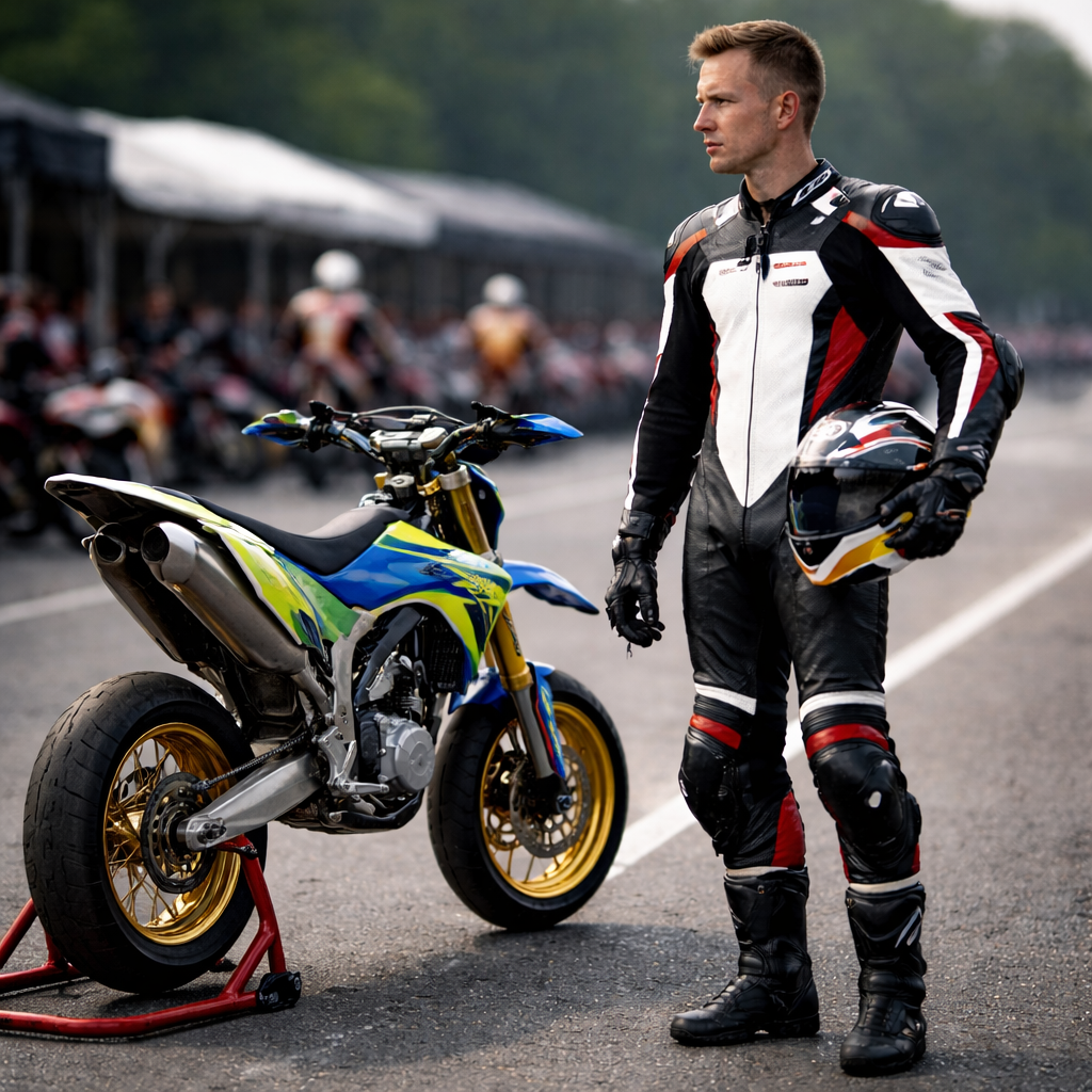 Pilote de supermotard concentré avant sa session