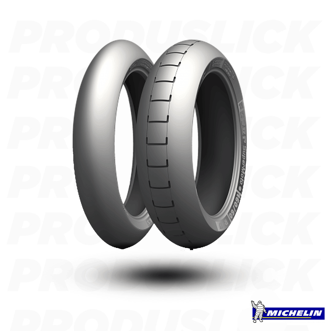 Paire de pneus moto pluie Michelin Supermoto V1, pneus slick ProDuSlick pour conduite sous la pluie, vue de face.