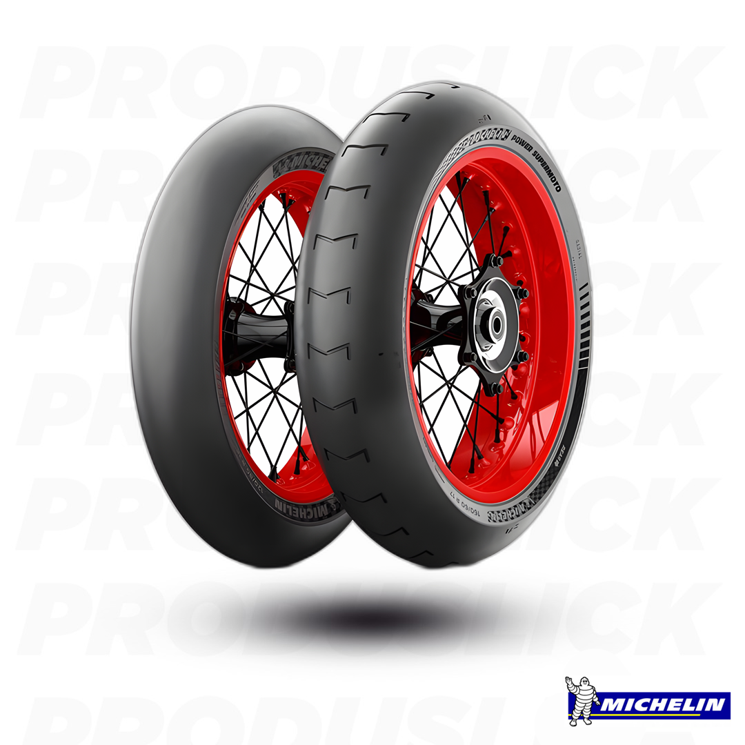 Paire de pneus moto pluie Michelin Supermoto V2 ProDuSlick, pneus slick pour moto, vue en gros plan sur la bande de roulement